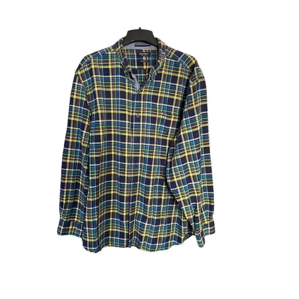 Nautica men’s navy blue, yellow green tartan plaid, long sleeve shirt, size 2X